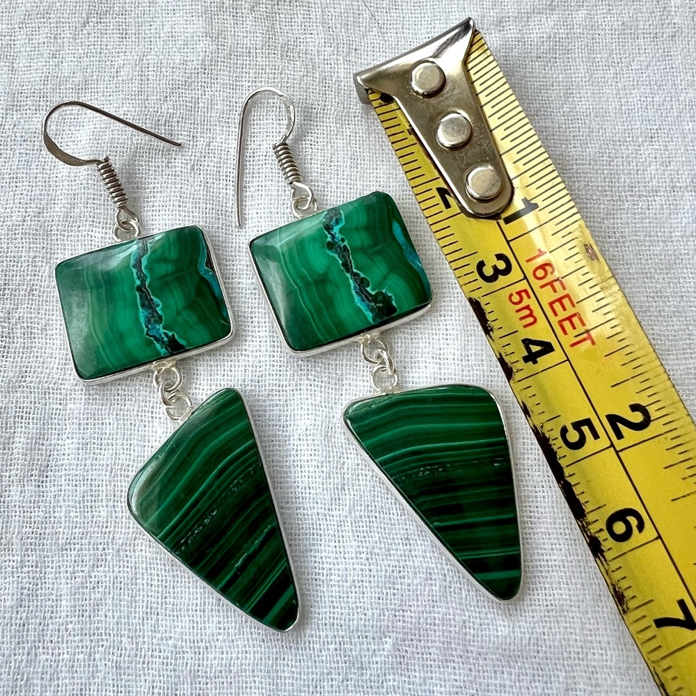 925 OMG Gorgeous! Malachite w/ Chrysocolla Long Earrings - Picture 8 of 9